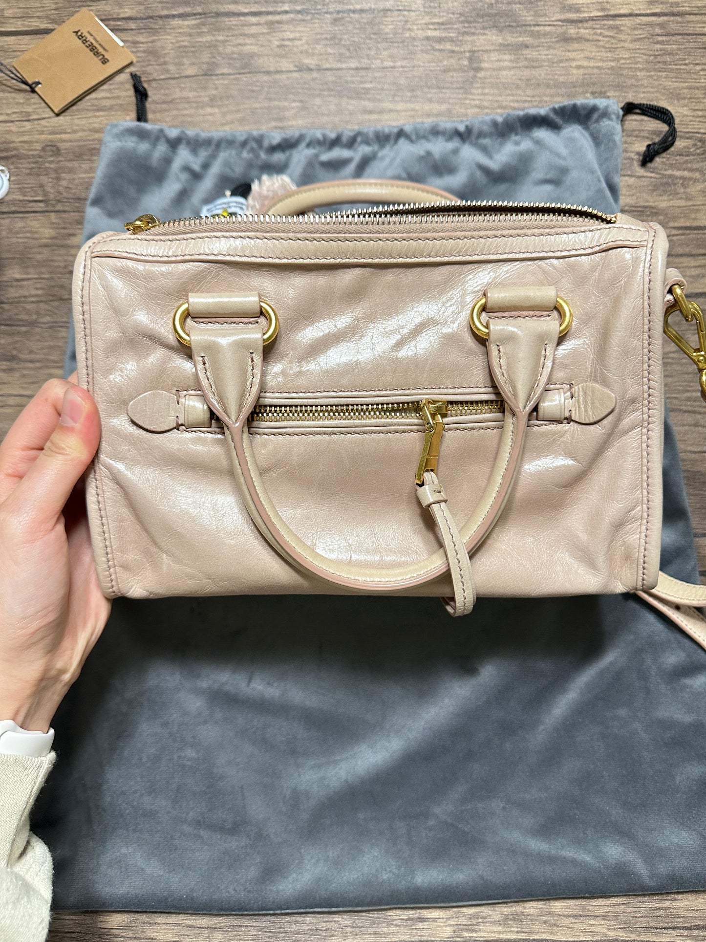 Auth MIU MIU Logo Hand Bag Shoulder Bag Beige Leather