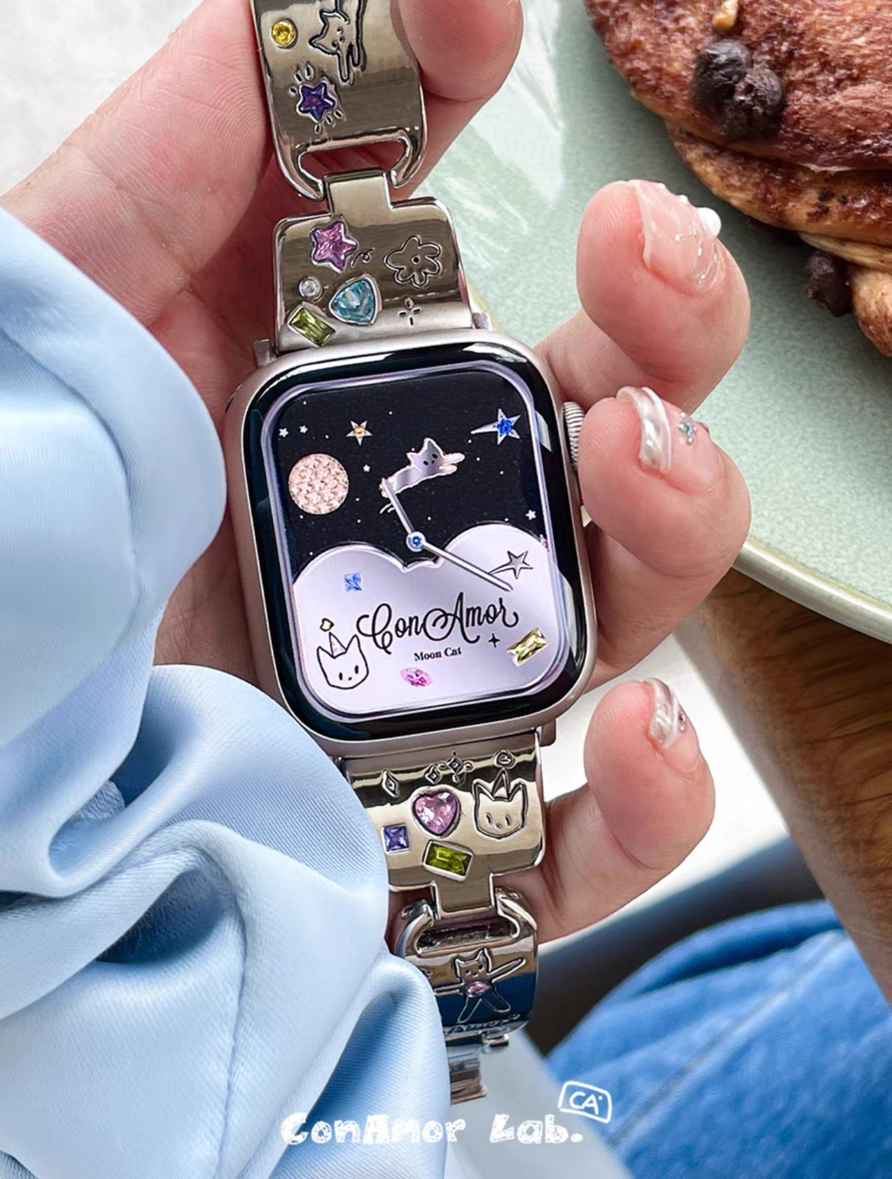 Whimsical Cat and Star Apple Watch Band with Jewel Accents