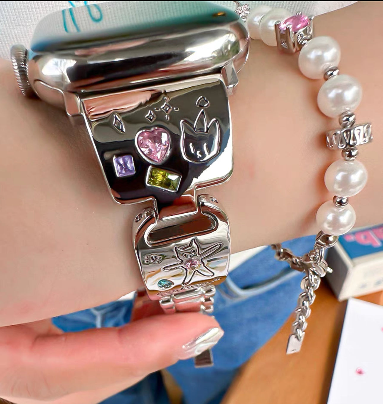 Whimsical Cat and Star Apple Watch Band with Jewel Accents