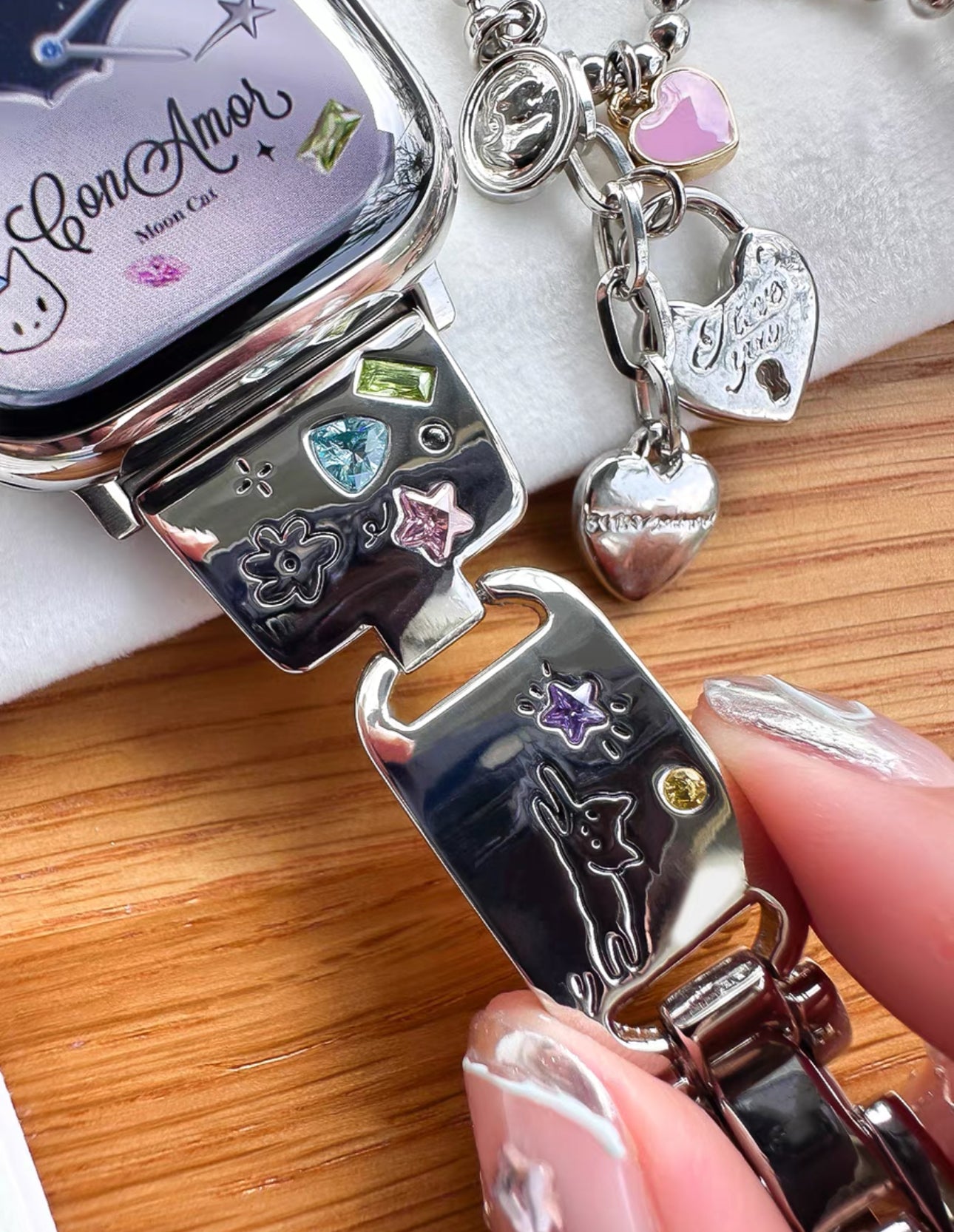 Whimsical Cat and Star Apple Watch Band with Jewel Accents