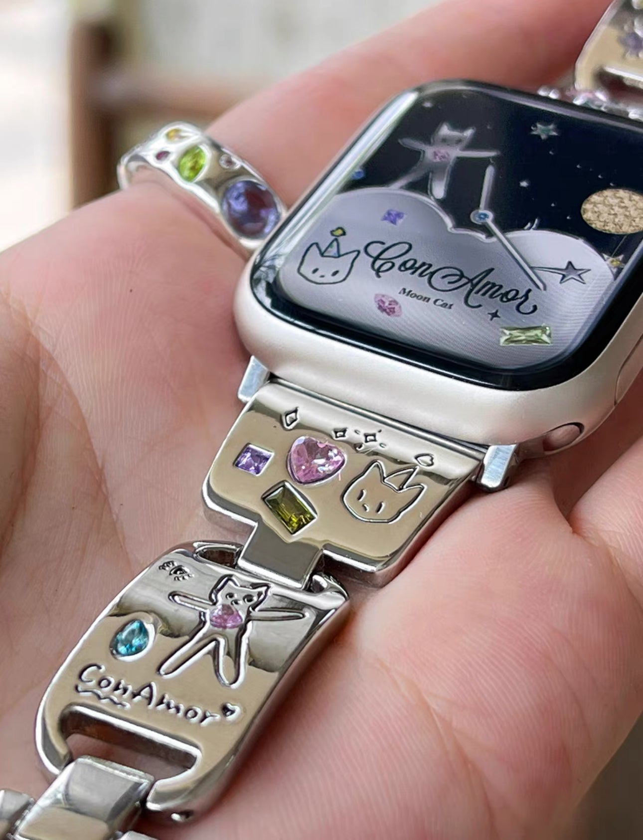 Whimsical Cat and Star Apple Watch Band with Jewel Accents